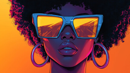  Portrait of a vibrant woman in stylish sunglasses with large square frames, her hair styled in an afro. The bright orange background enhances her look in a modern pop-art style