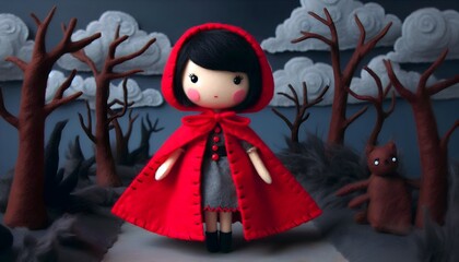 Fototapeta premium Felt Doll Girl with Short Black Hair in Red Cape – Walking Down a Dark Forest Path with Dead Trees and Storm Clouds, Handmade Quirky Style