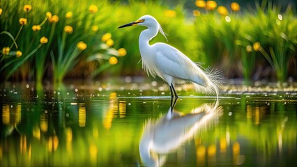 Obraz premium Stunning Drone Photography of Snowy Egret in Natural Habitat, Capturing the Elegance and Grace of This Shorebird in Vibrant Wetland Ecosystem, Ideal for Nature Enthusiasts and Wildlife Conservation