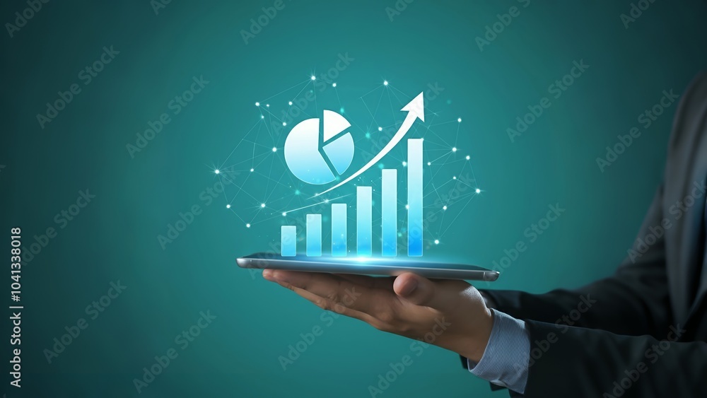 Poster a person holding a tablet projecting a 3d pie chart and rising bar graph with a digital network over