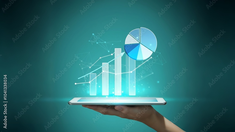 Poster hand holding tablet with holographic charts and pie graph projecting above it.