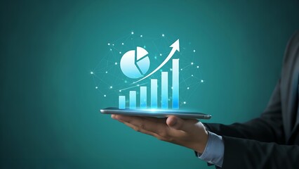 A person holding a tablet projecting a 3D pie chart and rising bar graph with a digital network overlay.