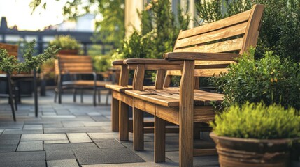 Obraz premium Wooden chairs and benches on a terrace, providing a laid-back area for casual outdoor relaxation.