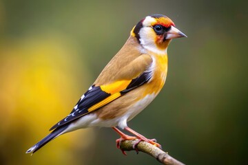 Fototapeta premium Stunning Goldfinch perched gracefully against a beautifully blurred background, capturing the essence of nature's vibrant colors and delicate details in product photography