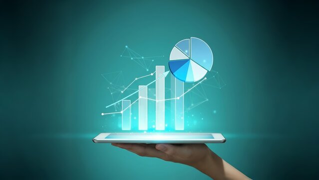 Hand holding tablet with holographic charts and pie graph projecting above it.
