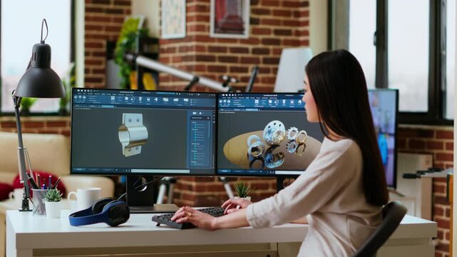 Professional industrial designer working with CAD software on dual monitors, creating 3D prototypes for a tech driven environment. 3D modeling software for innovative design. Camera B.