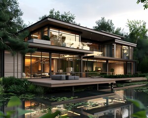 Fototapeta premium A contemporary lake house with sleek lines large windows and a spacious deck Overlooking a tranquil lake and surrounded by lush greenery