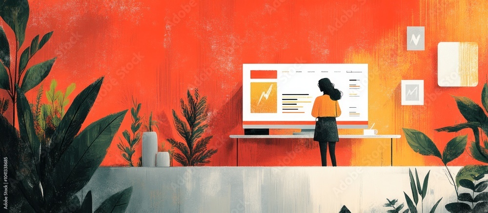 Poster woman working on a computer with charts and graphs on the screen in a home office.