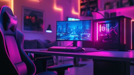 Naklejka premium A computer gaming setup with a neon purple chair and a neon purple desk