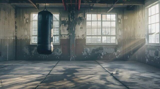 Solitary black punching bag in sunlit boxing gym with dusty windows creates serene yet intense workout atmosphere, showcasing gritty charm of fitness training and shadows.