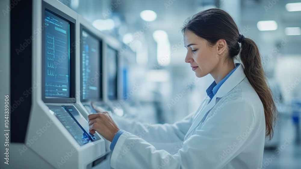 Poster a woman in a white lab coat is working on a computer monitor