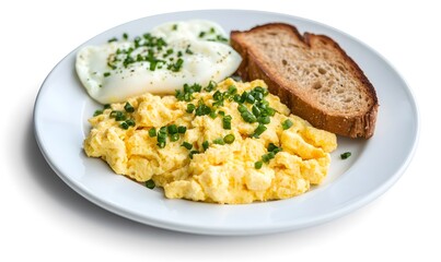 A plate of scrambled eggs, toast and sliced bread, Generative AI 