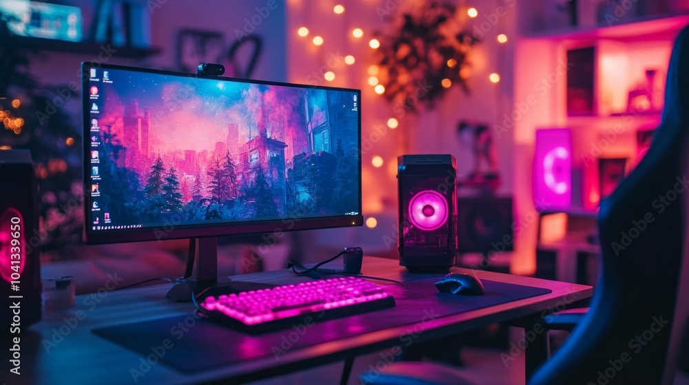 Poster a computer desk with a monitor, keyboard, and mouse