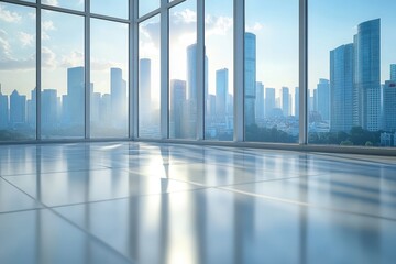 Modern office space with large windows overlooking a vibrant cityscape during sunset