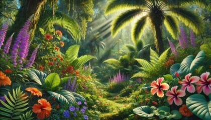 A tropical paradise with thick, green foliage and a variety of colorful flowers, Generative AI