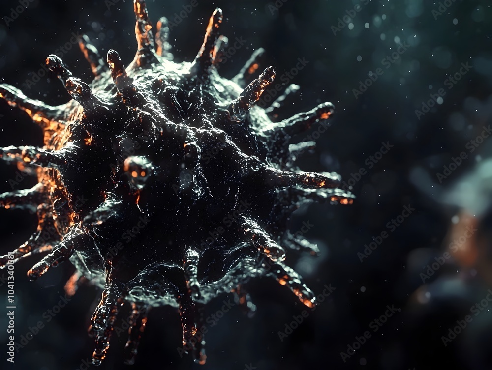 Poster menacing viral presence close up of infectious pathogen with spiked structures in dark space