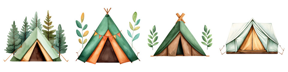 A collection of illustrated tents surrounded by foliage, highlighting a camping theme with a whimsical, outdoor aesthetic.