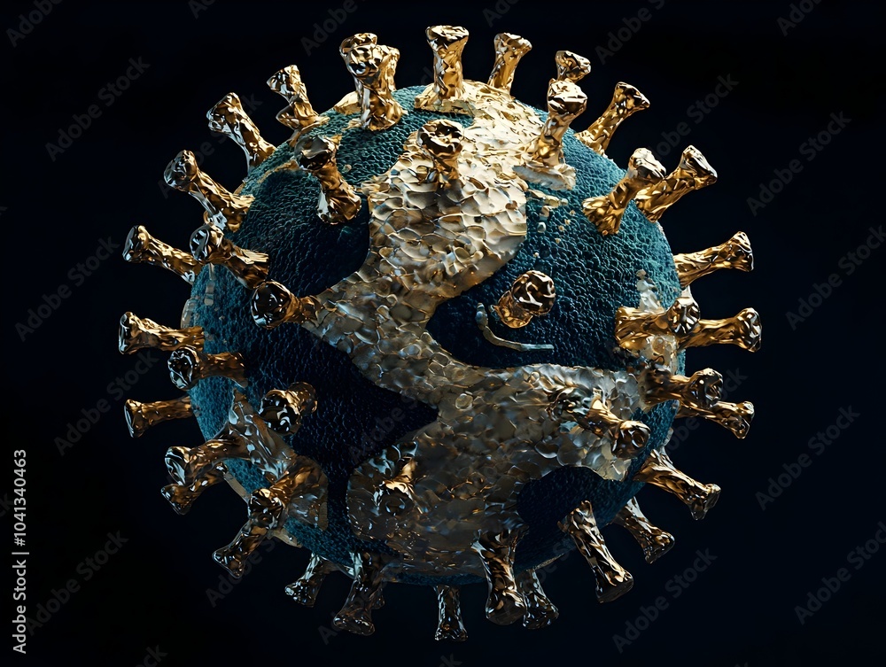 Poster virus particle wrapping the globe symbolizing the global impact of pandemics