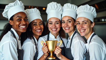 A group of female chefs celebrating that they have won an international cooking award