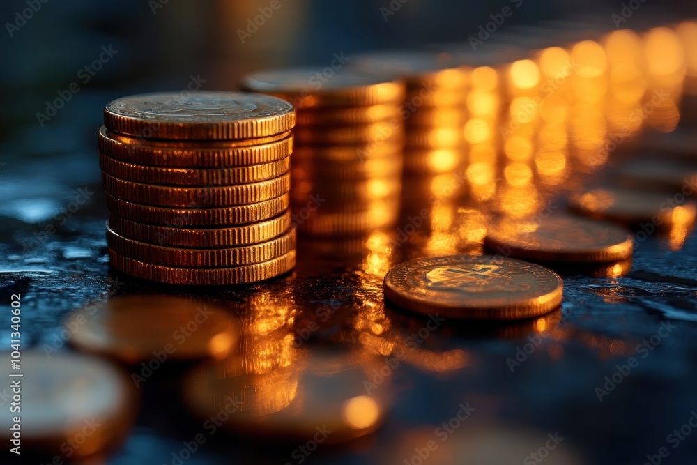 Poster stacks of shiny coins reflecting warm light on a dark surface in a close-up view