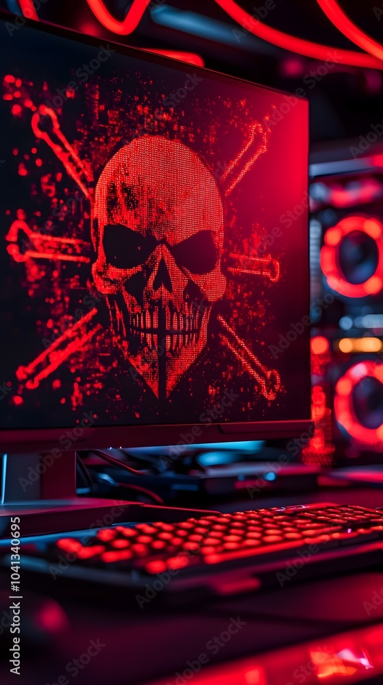 Poster red virus warning skull symbol on computer screen representing ransomware cyber extortion threats