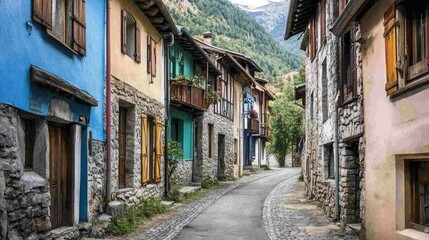 Fototapeta premium Charming Cobblestone Street in Mountain Village