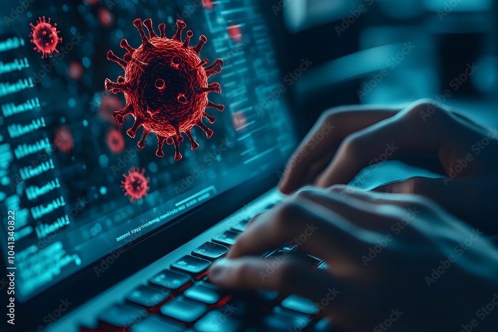 Poster hacker typing on keyboard with 3d virus icon emerging from screen digital virus concept