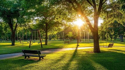 Obraz premium Serene Park with Sunlight Through Lush Green Trees