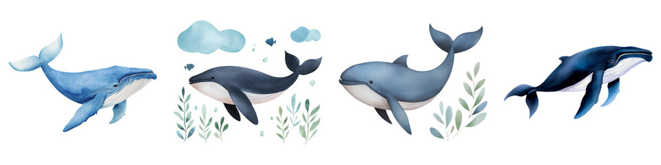 A colorful depiction of whales swimming, showcasing different shades and stylized details against a dark background.