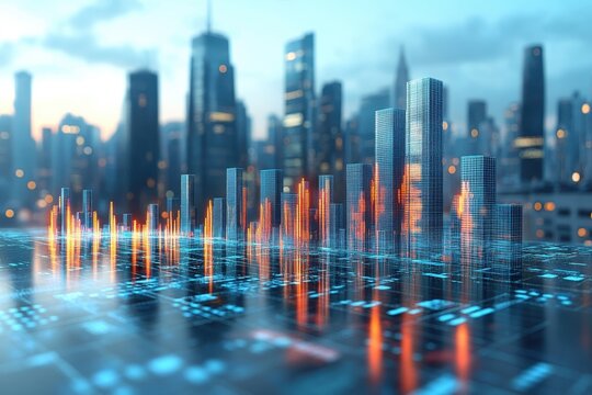 A vibrant city skyline illuminated by financial data and analytics represented in glowing graphs