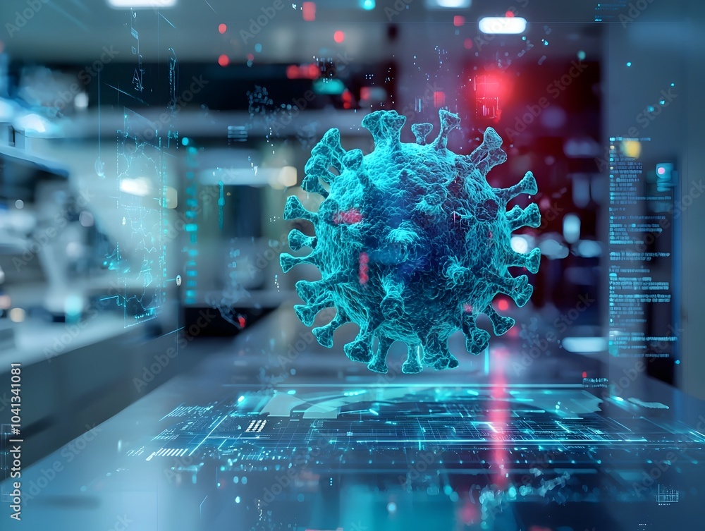 Poster futuristic 3d hologram of virus particle under advanced microscopic analysis in cutting edge laborat