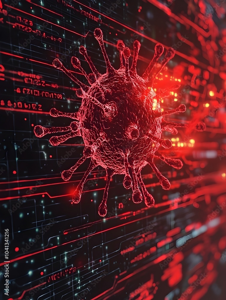 Poster red digital code virus spreading across screen symbolizing computer worm outbreak