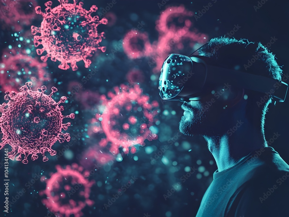 Poster person wearing vr glasses surrounded by virus particles in virtual space symbolizing use of technolo