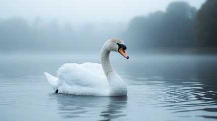 Fototapeta premium Serene Swan in Foggy Waters