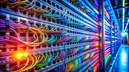 Closeup of High-Tech Cables Connected to Server Rack in Data Center, Networking Equipment, Digital Infrastructure, IT Solutions, Technology Innovation, Data Transmission