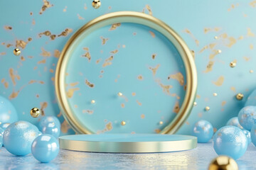blue gold product display showcase platform pofium stage set presentation elegant product cosmetic commercial ad web design background backdrop luxury stand marble orbs floating decor abstract minimal