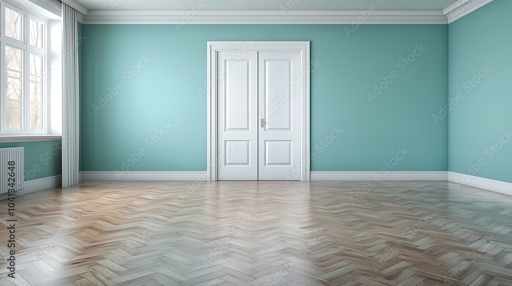 Poster Spacious and inviting empty room with elegant herringbone flooring and soft turquoise walls perfect for customization and personalization