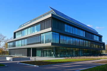 Obraz premium A modern corporate office building with an array of solar panels on the roof, symbolizing eco-friendly business practices and corporate responsibility
