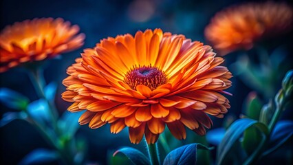 Obraz premium Closeup of Vibrant Orange Edible Flower in Bloom Against Dark Background, Night Photography with Soft Focus, Highlighting Petals and Texture for Nature Lovers and Culinary Enthusiasts