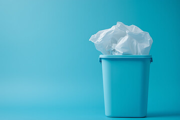 Trash can with bag on blue background, space for text