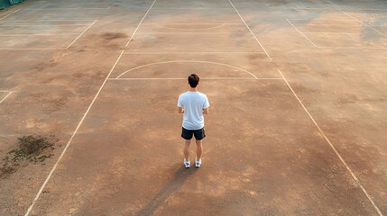 A solitary player contemplates on an empty tennis court representing focus and determination in sports