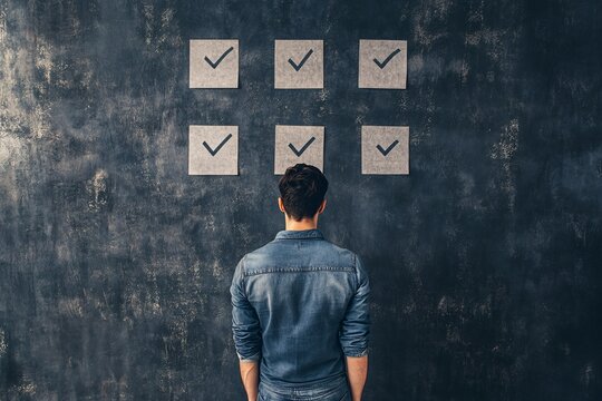 Man Contemplating Checklist of Goals and Achievements