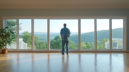 Contemplating nature's beauty a man gazing at panoramic mountain views through expansive windows in serene ambiance
