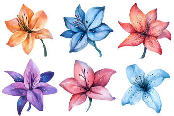 Watercolor lily flowers collection isolated on a white background