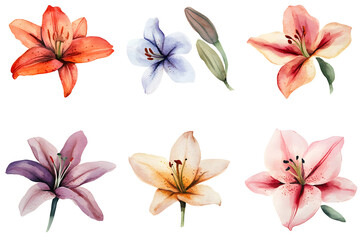 Fototapeta premium Watercolor lily flowers collection isolated on a white background