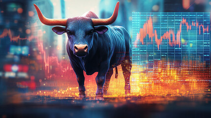 a bull charging forward in a stock market charts background