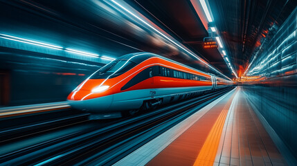 Fototapeta premium High-speed train in motion through illuminated tunnel, orange and white design