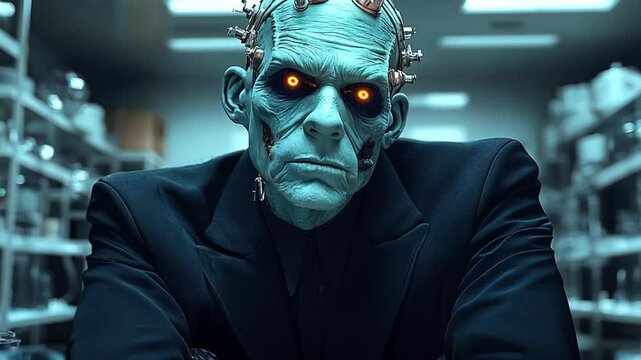 A Frankenstein-like monster in a laboratory setting.