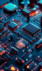 Obraz premium Close-up of a circuit board with glowing lights.