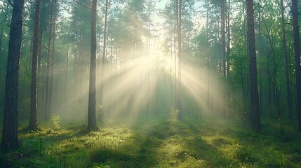 Fototapeta premium Majestic sun rays piercing through a lush forest with ethereal light and tranquil atmosphere captured in nature's embrace